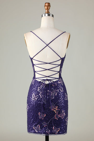 Sparkly Sheath Spaghetti Straps Dark Purple Short Ball Dress with Criss Cross Back